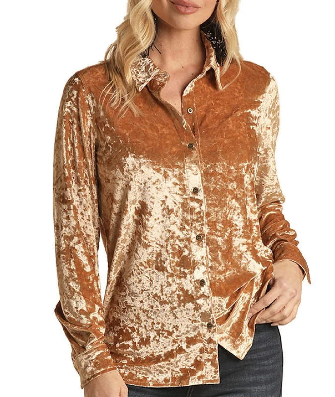 Rock & Roll Cowgirl Women's Velvet Shirt Tan-- Zippered Front Buttoned Front Snap Front