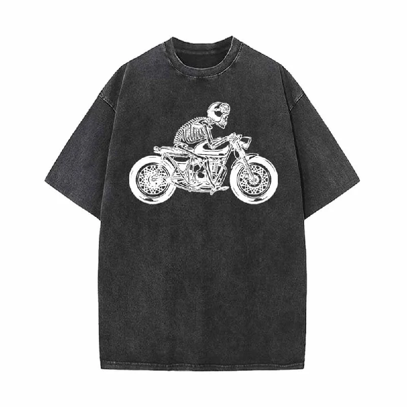 Skeleton Riding Motorcycle Print Vintage Washed T-shirt-- Spandex Blend Rayon Blend Denim Blend Skeleton Riding Motorcycle Print Vintage Washed T-shirt-- Spandex Blend Rayon Blend Denim Blend
