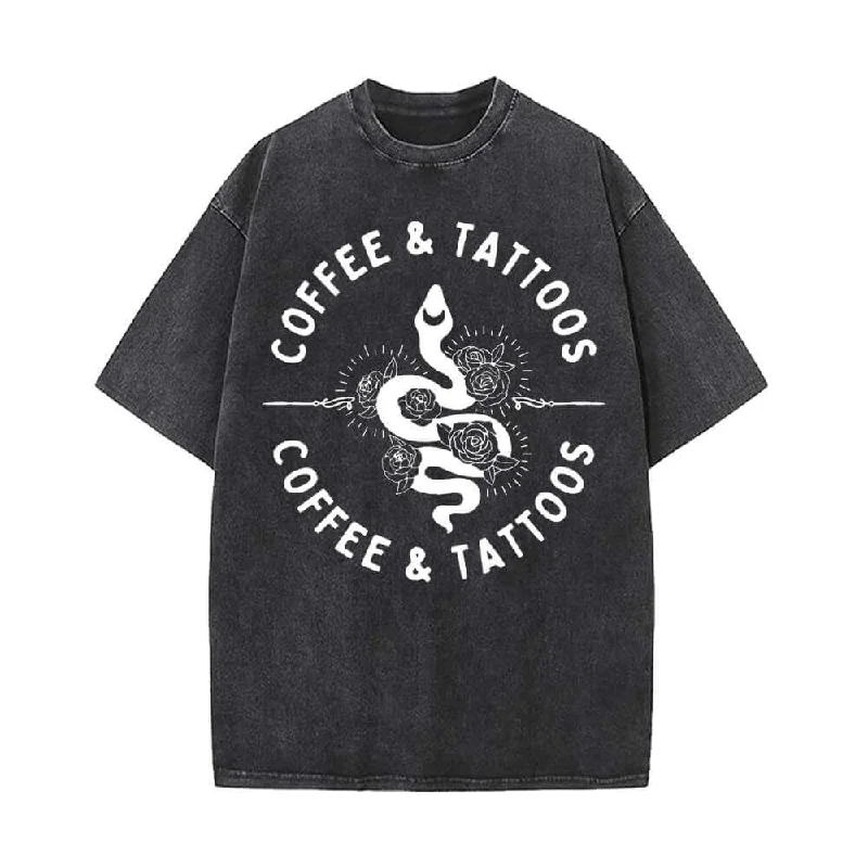 Coffee and Tattoos Snake Rose Vintage Washed T-shirt-- Collared T-Shirt Boat Neck A-Line Coffee and Tattoos Snake Rose Vintage Washed T-shirt-- Collared T-Shirt Boat Neck A-Line