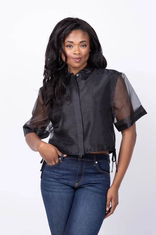 Simkhai Ryett Short Sleeve Crop Shirt In Black-- Houndstooth Herringbone Solid