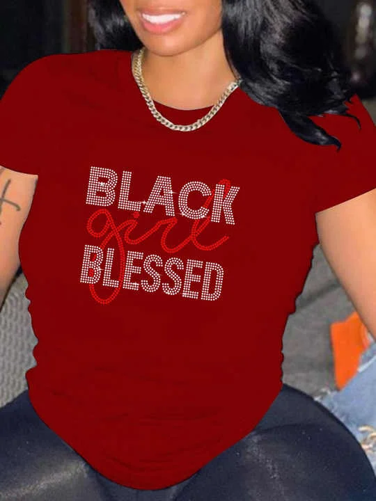 Beautiful Red BLACK GIRL BLESSED Tee Shirt Top-- Graphic Embroidered Appliqued
