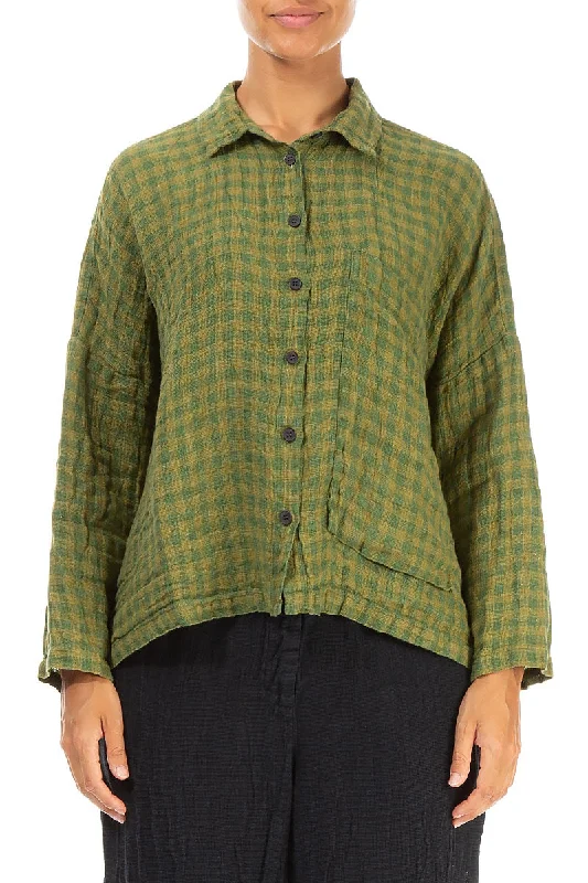 Side Pocket Green Check Linen Shirt-- Houndstooth Herringbone Solid