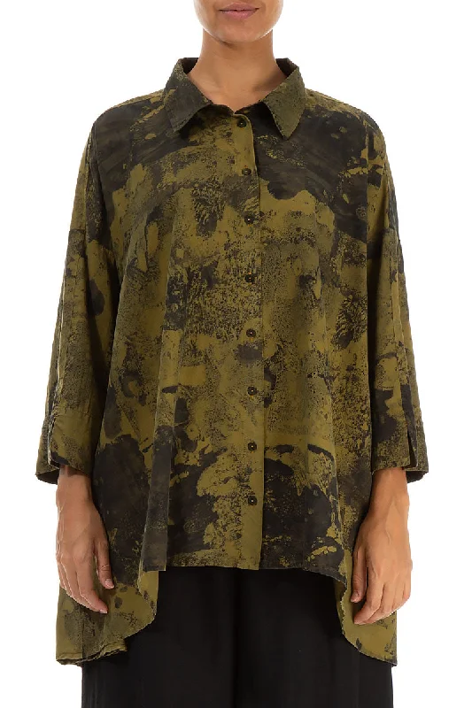 Loose Olive Marble Silk Cotton Shirt-- Zippered Front Buttoned Front Snap Front