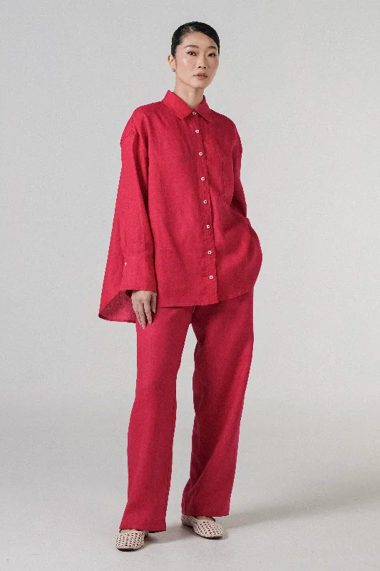 Friday Linen Shirt in Scarlet-- Notch Collar Peter Pan Collar Cowl Neck