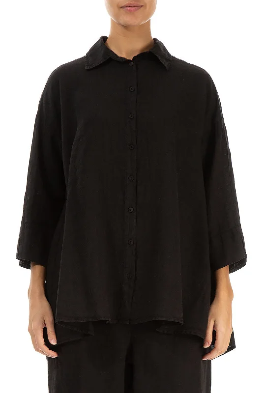 Loose Black Linen Shirt-- Zippered Front Buttoned Front Snap Front