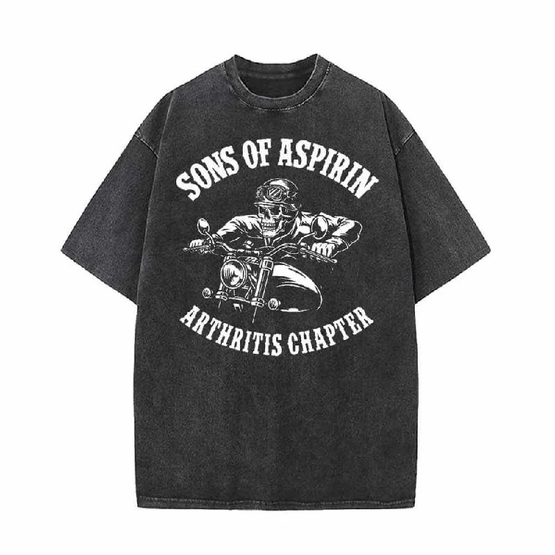 Sons Of Aspirin Skull Biker Vintage Washed T-shirt-- Fashionable Trendy Casual