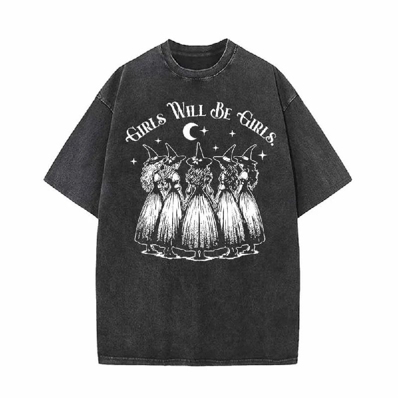 Girls Will Be Girls Vintage Washed T-shirt-- Seamless Knitted Crochet