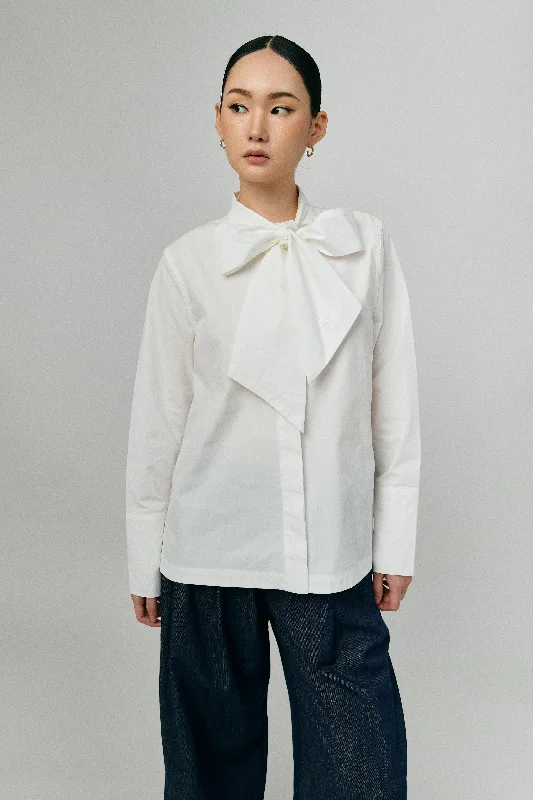 Atelier Poplin Bow Shirt in White-- Satin Fabric Silk Fabric Chiffon Fabric