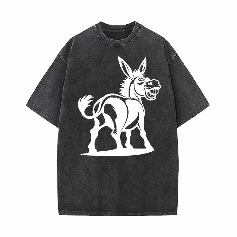 Funny Cartoon Donkey Pattern Vintage Washed T-shirt-- Lace Blend Ribbed Blend Corduroy Blend Funny Cartoon Donkey Pattern Vintage Washed T-shirt-- Lace Blend Ribbed Blend Corduroy Blend