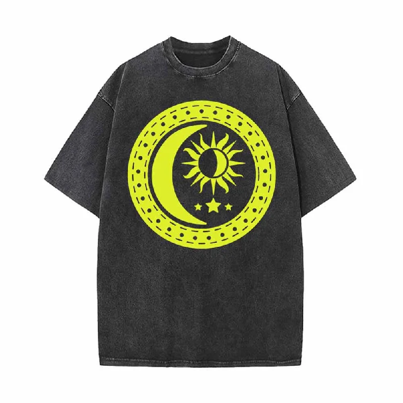Celestial Sun Moon And Star Vintage Washed T-shirt-- Graphic T-Shirt Round Neck Polyester