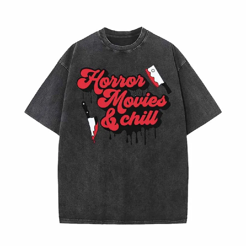Vintage Washed Horror Movies And Chill Short Sleeve T-shirt-- Graphic Embroidered Appliqued Vintage Washed Horror Movies And Chill Short Sleeve T-shirt-- Graphic Embroidered Appliqued