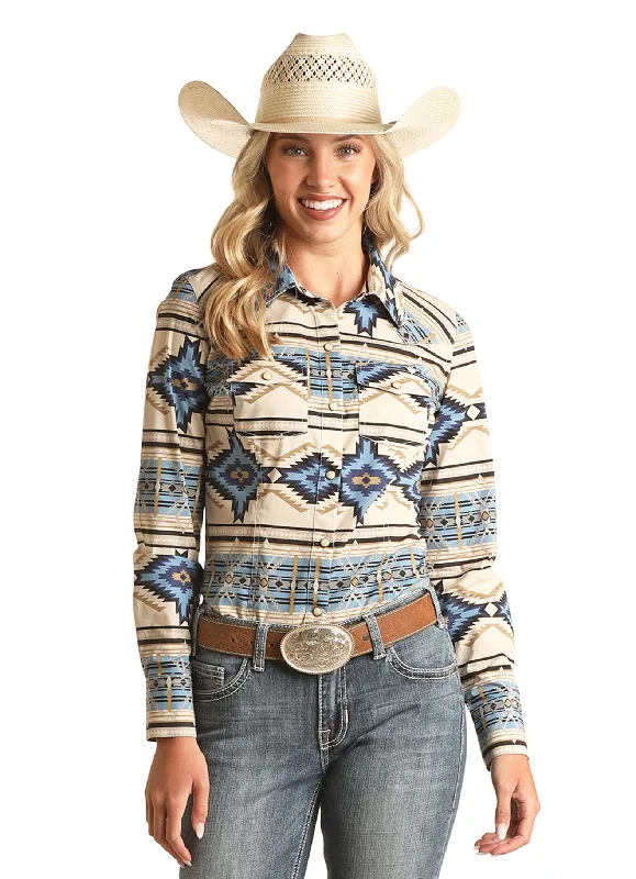 Rock & Roll Cowgirl Women's Aztec Print Long Sleeve Snap Shirt Blue-- Denim Fabric Leather Fabric Suede Fabric Rock & Roll Cowgirl Women's Aztec Print Long Sleeve Snap Shirt Blue-- Denim Fabric Leather Fabric Suede Fabric