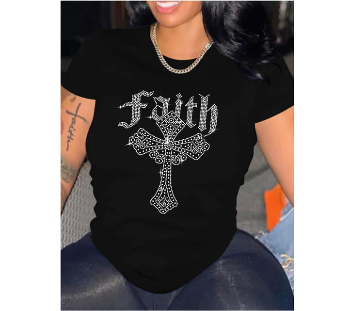 Beautiful Faith Cross Black Tee Shirt-- Beaded Sequined Faux Fur