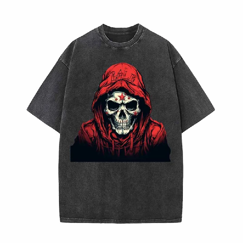 Red Hoodie Skeleton Pattern Vintage Washed T-shirt-- Hooded Caped Shawl Collar