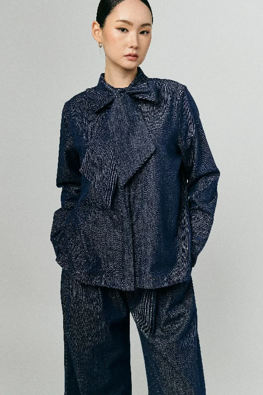 Atelier Denim Bow Shirt in Indigo-- Ribbed Striped Patterned