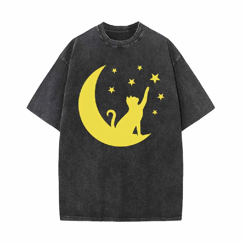 Lively Cat and Moon Star Vintage Washed T-shirt-- Front Pockets Side Pockets Patch Pockets Lively Cat and Moon Star Vintage Washed T-shirt-- Front Pockets Side Pockets Patch Pockets