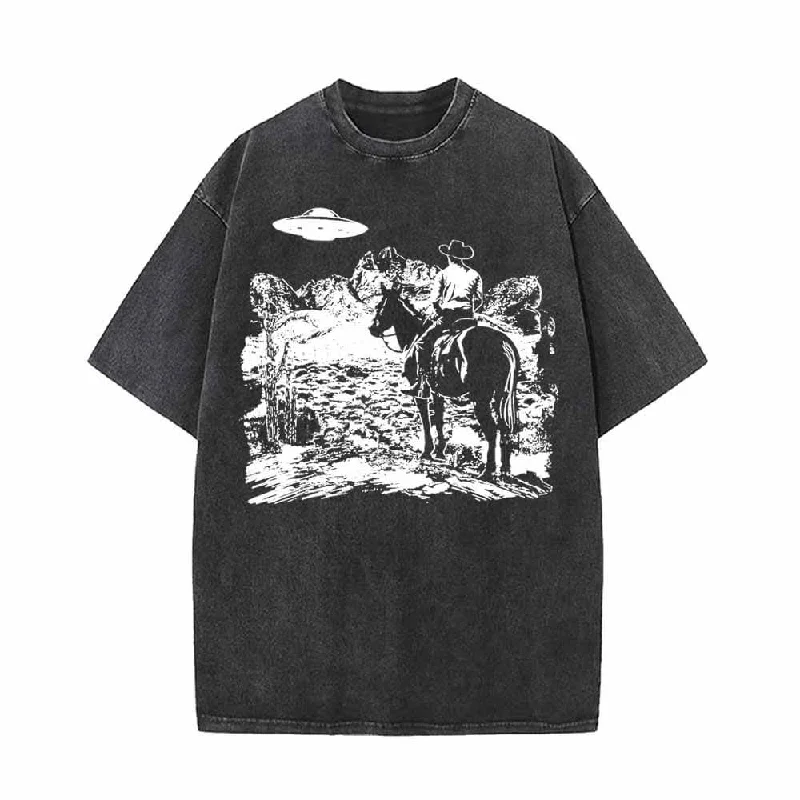 UFO And Western Cowboy Print Vintage Washed T-shirt-- Collared Crew Neck Turtle Neck UFO And Western Cowboy Print Vintage Washed T-shirt-- Collared Crew Neck Turtle Neck
