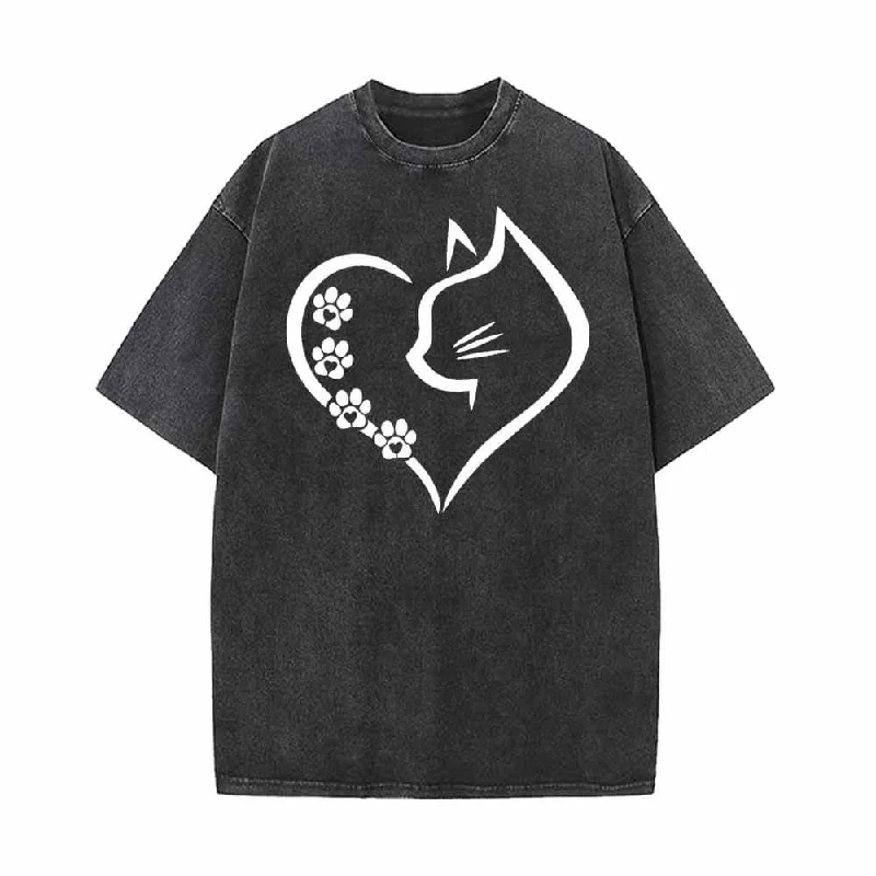 Cat In Heart Pattern Vintage Washed T-shirt-- Zippered Buttoned Snapped