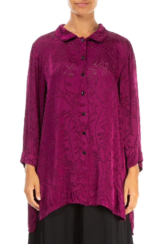 Magenta Devoré Feather Silk Shirt-- Asymmetrical Pockets Print