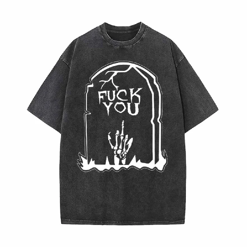 Fuck You Skull Grave Vintage Washed T-shirt-- Hooded Caped Shawl Collar