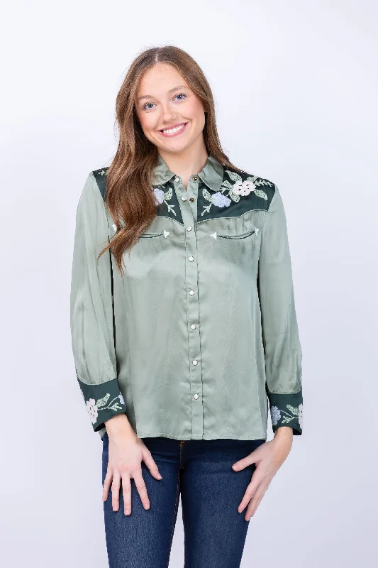The Great. The Western Heritage Shirt in Dried Sage-- Plaid T-Shirt Polka Dot Checkered The Great. The Western Heritage Shirt in Dried Sage-- Plaid T-Shirt Polka Dot Checkered