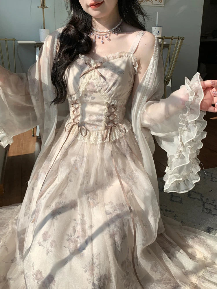 Vintage Elegant Floral Dress Women Sweet Ruffles Mesh Fairy Strap Dress Female 2024 Summer Court Retro Evening Party Dress Sexy Tunics Floral girly Vintage Elegant Floral Dress Women Sweet Ruffles Mesh Fairy Strap Dress Female 2024 Summer Court Retro Evening Party Dress Sexy Tunics Floral girly