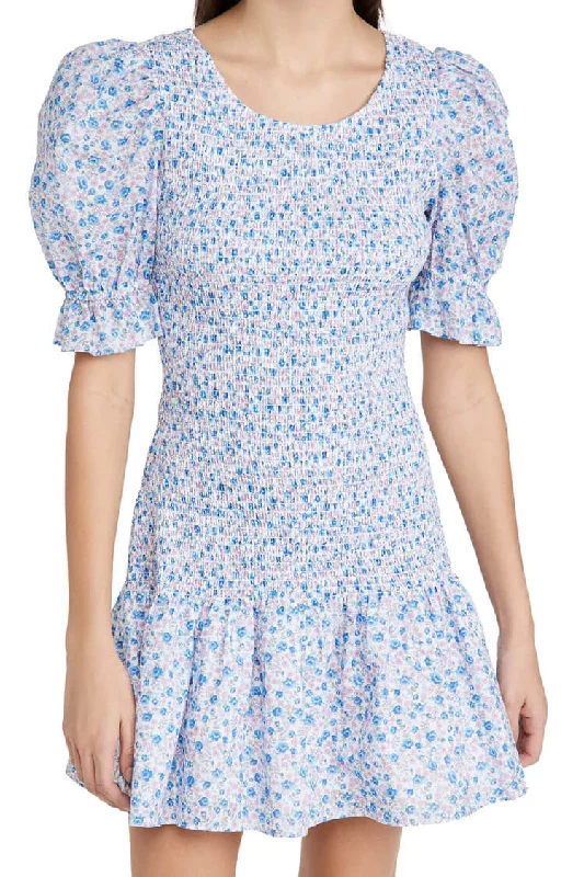 Puff Sleeve Ditsy Floral Smocked Summer Mini Dress - Blue Tunics Gym athletic