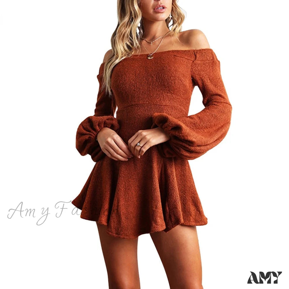 Amy Fashion - Off Shoulder Long Sleeve Slash Neck Sexy Mini Dress Casual High-Waist Mini Dress Amy Fashion - Off Shoulder Long Sleeve Slash Neck Sexy Mini Dress Casual High-Waist Mini Dress