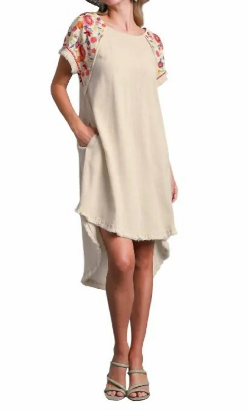 Linen Short Sleeve Embroidery High Low Dress In Oatmeal Tunics Luxurious premium