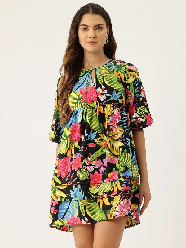 Tropical Print Tie-Up Neck Fit & Flare Mini Dress Chic Bohemian Mini Dress
