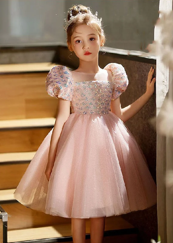 Lovely Pink Square Collar Patchwork Tulle Kids Long Dresses Short Sleeve QV016 Tunics Fashionable chic Lovely Pink Square Collar Patchwork Tulle Kids Long Dresses Short Sleeve QV016 Tunics Fashionable chic