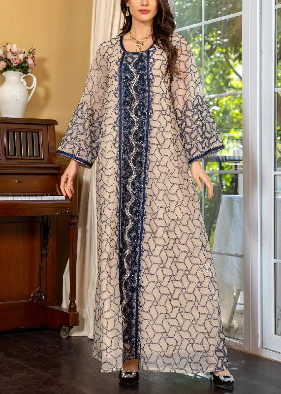 Art Grey O Neck Sequins Patchwork Tulle Long Dress Fall WO048 Tunics Denim casual