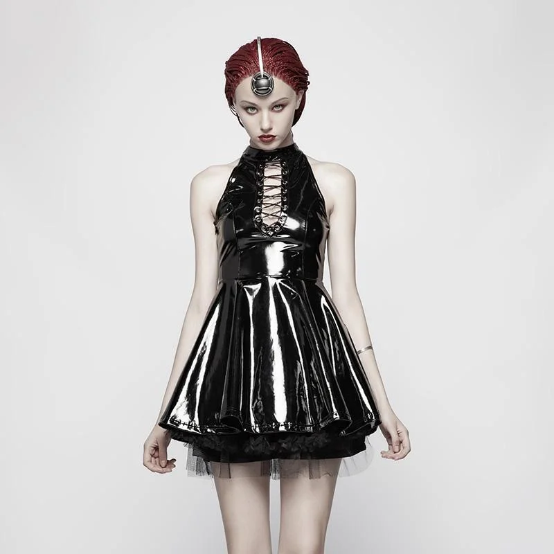 Women's Steampunk Latex Halterneck Mini Dress Halloween Costume Tunics Fleece cozy
