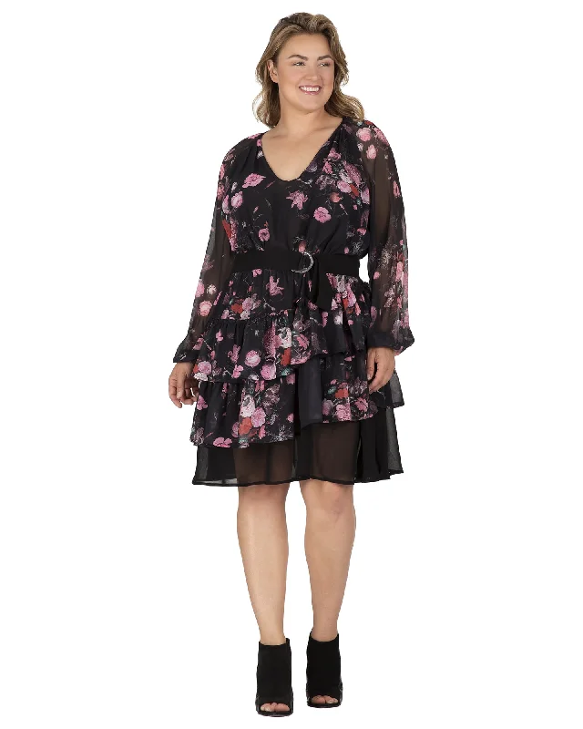Women's Floral Printed Tiered Swing Shift V Neck Mini Dress | Black Floral Comfortable Casual Mini Dress
