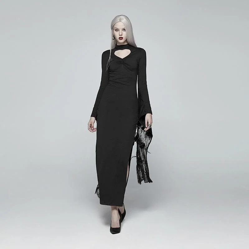 Women's Goth Side Slit Lace Sleeved Maxi Dress With Hollow Out Loving Heart Boatneck Modish Everyday Women's Goth Side Slit Lace Sleeved Maxi Dress With Hollow Out Loving Heart Boatneck Modish Everyday