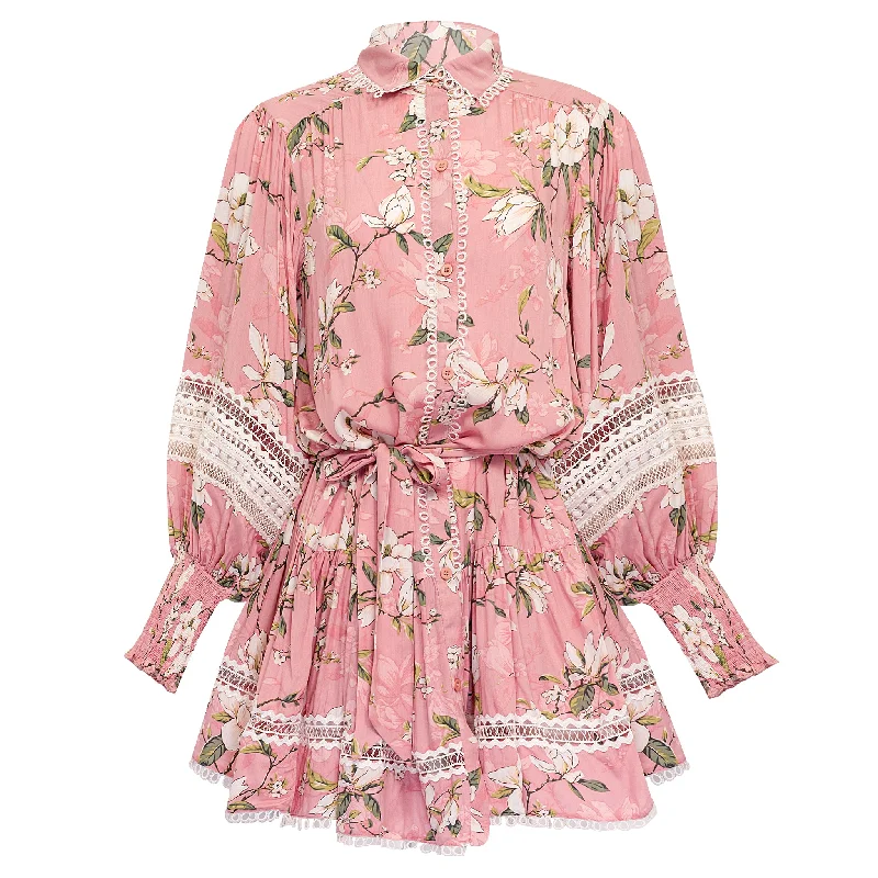 Tropical Print Floral Mini Dress - Dress Blooming Pink Cozy Satin Mini Dress