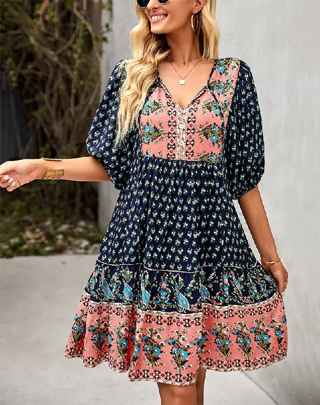 SALE - Dark Navy Peach Floral Print Puffed Sleeve Mini Dress (Size S ) Tunics Fashionable chic SALE - Dark Navy Peach Floral Print Puffed Sleeve Mini Dress (Size S ) Tunics Fashionable chic
