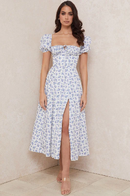 Puff Sleeve Ditsy Floral Tie Front High Slit Midi Dress - Blue Tunics Mesh breathable