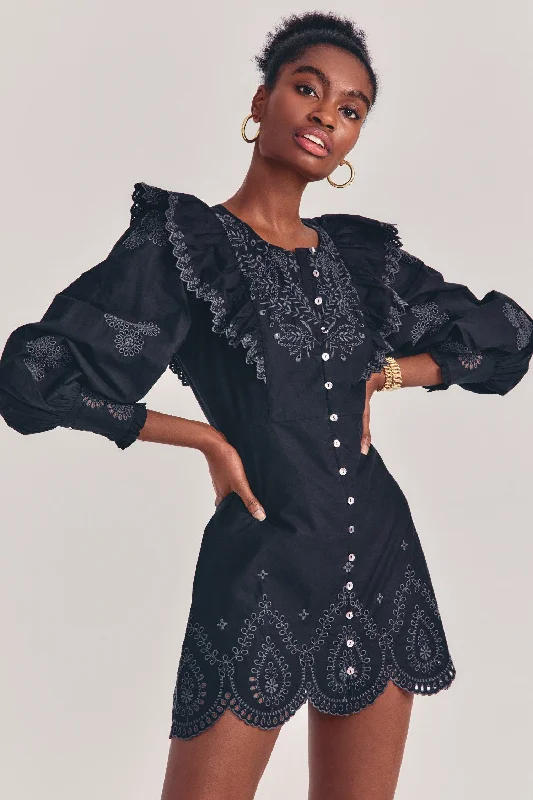 Black Mini Dress with Schiffli Embroidery Chic Pleated Mini Dress