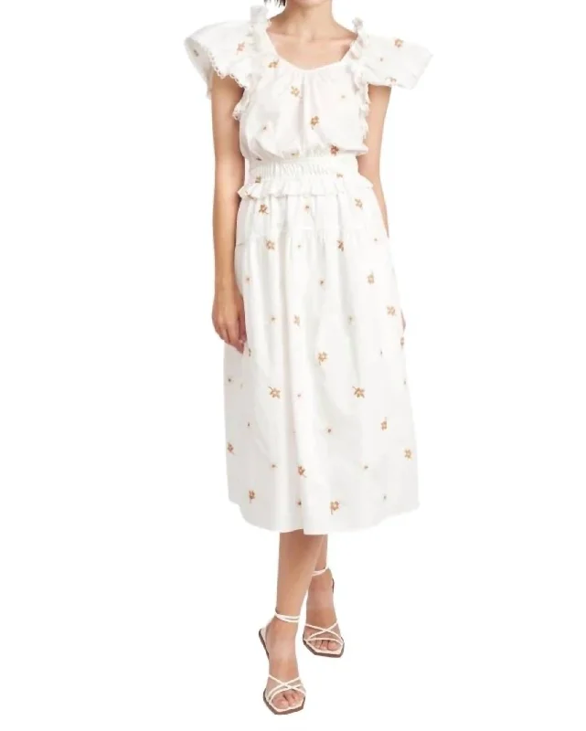 Wayback Floral Cross Stitch Midi Dress In White Tunics Silk luxurious
