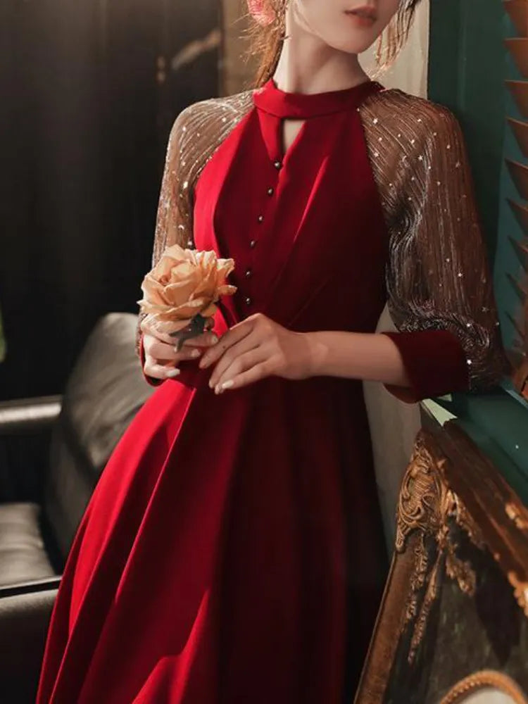 Elegant Vintage Fairy Dress Women Red Patchwork Korean Style Sequined Dress Female 2024 utumn Casual Evening Party Dresses Chic Tunics Fashionable chic Elegant Vintage Fairy Dress Women Red Patchwork Korean Style Sequined Dress Female 2024 utumn Casual Evening Party Dresses Chic Tunics Fashionable chic