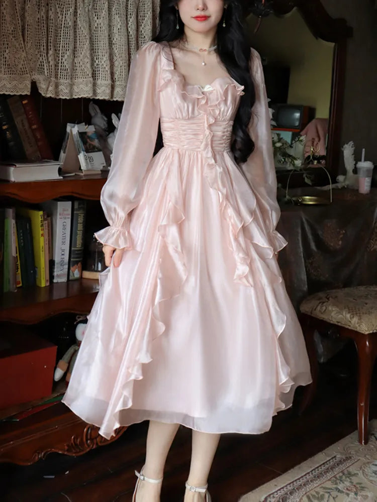 2024 Autumn Vintage Party Midi Dress Women Pink Fairy Korean Style Sweet Dress Female Bubble Sleeve Elegant Evening Party Dress Turtleneck Neckline Stylish 2024 Autumn Vintage Party Midi Dress Women Pink Fairy Korean Style Sweet Dress Female Bubble Sleeve Elegant Evening Party Dress Turtleneck Neckline Stylish