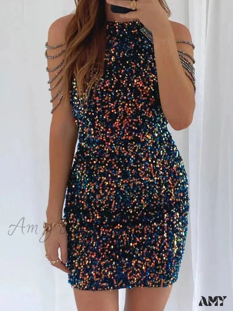 Amy Fashion - Crystal Tassel Bag Hip Dress Sexy Glitter Sequins Hanging Neck Mini Dress Elegant Lace Mini Dress Amy Fashion - Crystal Tassel Bag Hip Dress Sexy Glitter Sequins Hanging Neck Mini Dress Elegant Lace Mini Dress