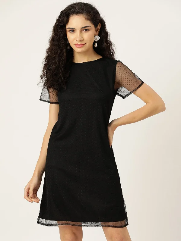 Black Net A-Line Mini Dress Comfortable Shift Mini Dress
