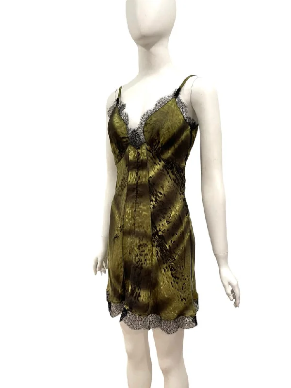F/W 2004 Prada Silk Slip Mini Dress Green Lace Trim Classic Striped Mini Dress