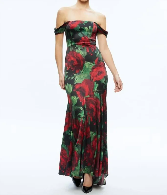 Azra Off Shoulder Maxi Dress In Floral Bordeaux Crew Neckline Sporty