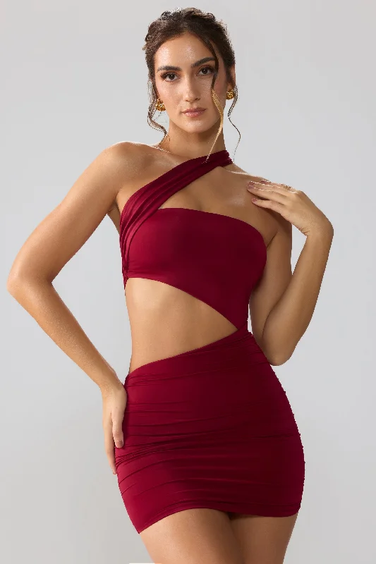 Slinky Jersey Ruched Cut Out Mini Dress in Ruby Stylish Sweetheart Mini Dress