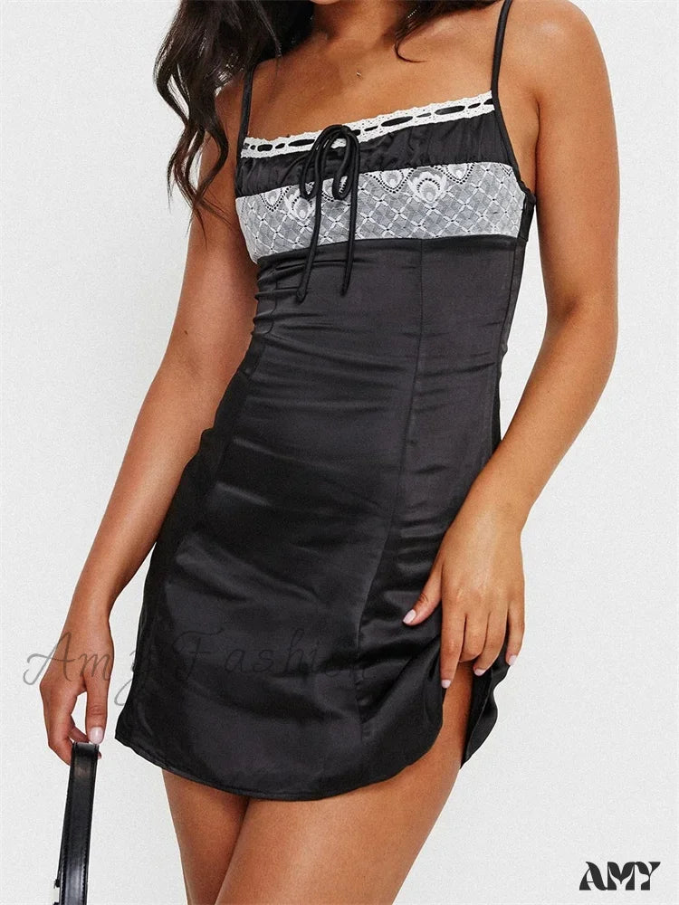 Amy Fashion - Front Tie up Ruched Sleeveless Spaghetti Strap Mini Dress Fashionable Lace-Trim Mini Dress Amy Fashion - Front Tie up Ruched Sleeveless Spaghetti Strap Mini Dress Fashionable Lace-Trim Mini Dress