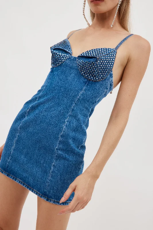 Crystal Embellished Cup Medium Indigo Mini Dress Casual Mini Dress with Pockets