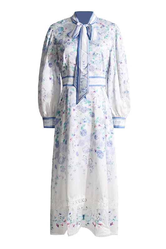 Boho Chic Tie Neck Lace Trim Lantern Sleeve Vacation Floral Print Midi Dress Tunics Handmade artisanal Boho Chic Tie Neck Lace Trim Lantern Sleeve Vacation Floral Print Midi Dress Tunics Handmade artisanal